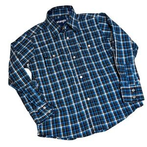 Boys Wrangler Pearl Snap Button Up Shirt Size S 5-6 Blue/Black Plaid Long Sleeve